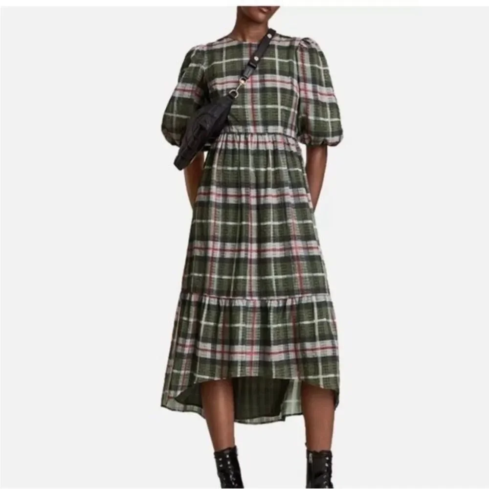 AllSaints Green Plaid High-Low Dress, US2